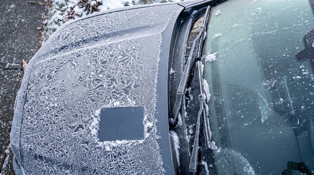 Frost on car hood and windshield. Close up of ice crystals on a gray vehicle. Winter morning weather with frozen water patterns and wipers
