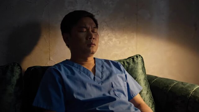 Tired nurse exhausted caregiver male healthcare worker in blue uniform on sofa at night shift burnout stress and loneliness at quiet home