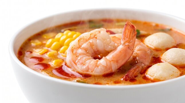 Hot and Spicy Thai Tom Yum Soup with Large Shrimp and Sweet Corn