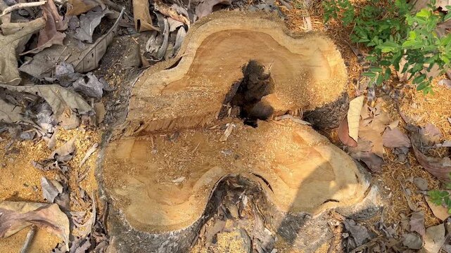 Top down view of freshly cut tree stump with rings texture