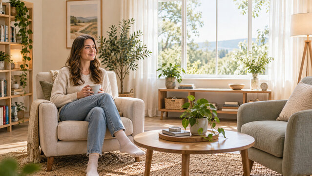 Woman with coffee looking out the window from an armchair