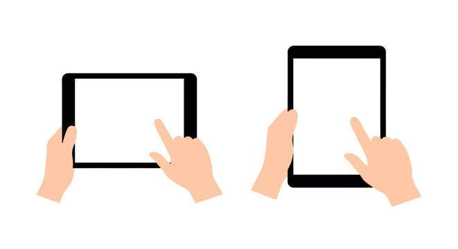 Hands interacting with tablet devices flat vector illustration on white background