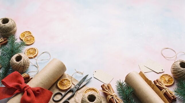 Rustic gift wrapping flat lay with kraft paper, twine and dried orange slices