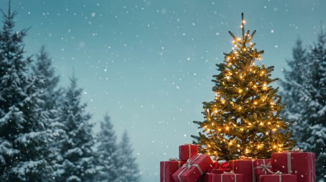 Illuminated Christmas tree with red gift boxes in snowy pine forest at dusk