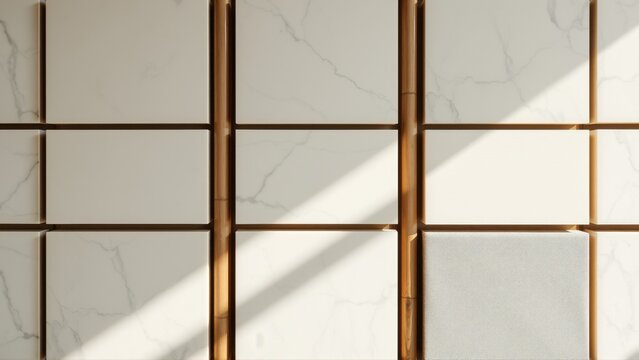 Marble tiles, warm light, wooden dividers create grid pattern. Minimalist design, clean aesthetic, soft shadows present.