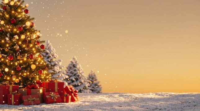 Decorated Christmas tree with red gift boxes glowing at golden winter sunset