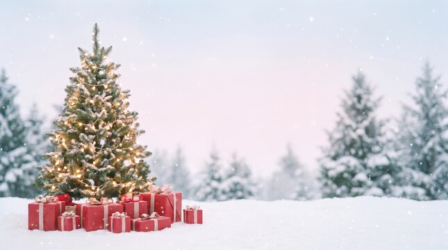 Snowy pine forest with lit Christmas tree and red gifts in pastel winter light