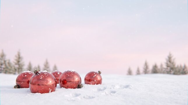 Snow dusted red baubles in winter field with blurred pine trees and pink sky