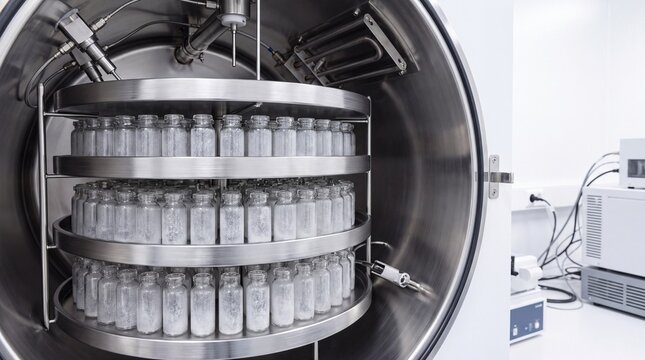 Laboratory Equipment Setup, A stainless-steel freeze dryer chamber displays neatly arranged laboratory vials