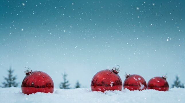Glass red baubles with snow droplets in winter field under falling snow sky