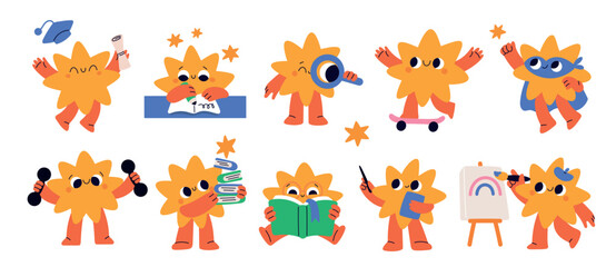 Obraz premium Funny star character. Cute kawaii sun, studying, reading, painting, exercising and graduating activities, cartoon mascot, education and sport, garish vector cartoon flat style stickers set