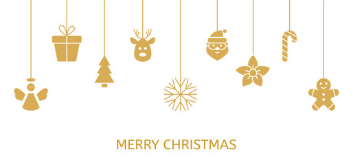Fototapeta premium Christmas hanging toys on long banner. Holiday gold icon baubles with snowflake, Santa, angel, Christmas tree, reindeer, candy cane, gift. New year card. Party design elements. Vector illustration