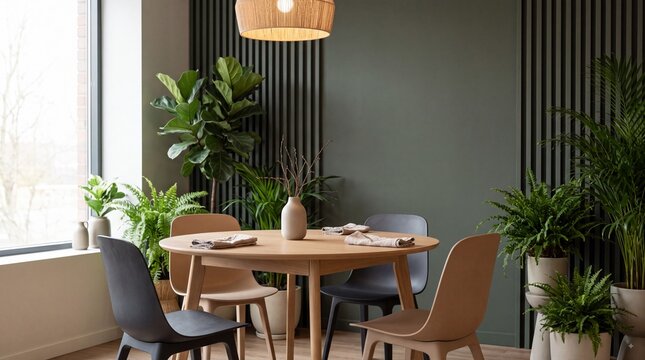 Modern dining room interior with round wooden table, stylish chairs, pendant light, lush houseplants and dark slatted wall creating a warm contemporary home