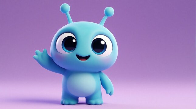 Cute blue alien character waves hand with friendly smile. Adorable 3D cartoon creature greets viewer on purple background. Small friendly extraterrestrial mascot for kids app, game design space