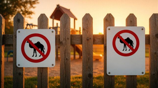 Two signs on wooden fence show no camels allowed. Playground equipment blurred in background. Warm sunset light falls on grass. Evening scene with clear sky.
