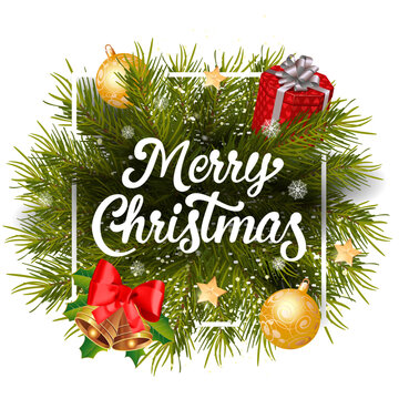 Merry Christmas green wreath decoration with ornaments