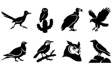 Fototapeta premium UDesert Birds Wildlife Roadrunner Elf Owl Vulture Silhouette Vector Icon Setntitled-4141a