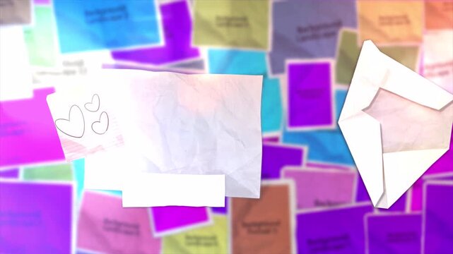 Abstract background with floating colorful notes and an envelope animation.