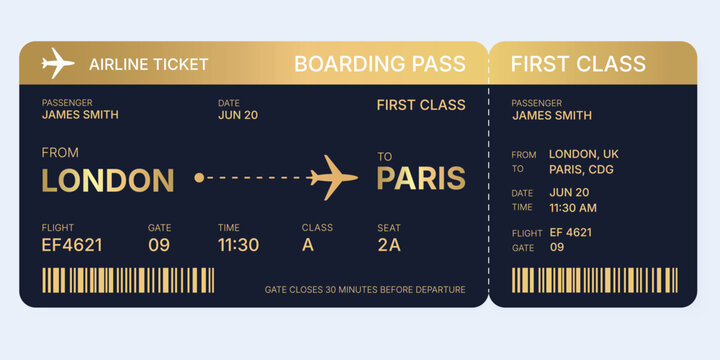Black and Gold Airline Ticket Design Isolated on White Background, Luxury Boarding Pass Concept with Barcode