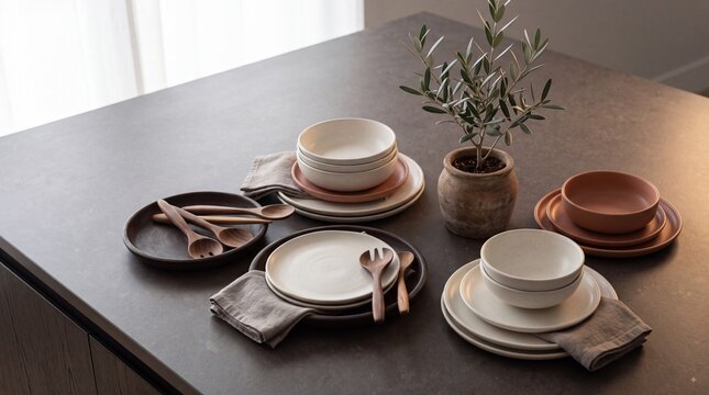 Rustic ceramic tableware arrangement with plates, bowls, cups, wooden utensils, linen napkins, and potted olive tree on a modern kitchen countertop