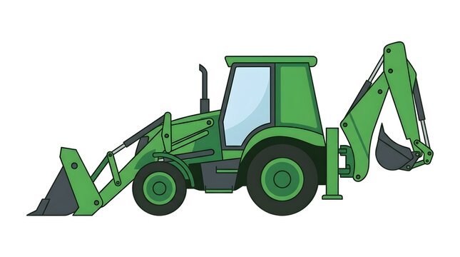 Green backhoe loader construction vehicle isolated on white background