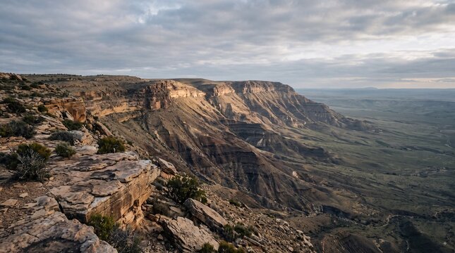 Vast stratified canyon cliffs and rugged sandstone overlook above a broad green valley under a dramatic cloudy sky, scenic natural landscape in remote wilderness