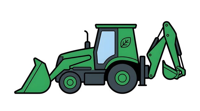 Green backhoe tractor with front loader and rear digging arm