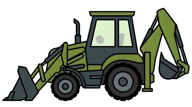 Green and black backhoe loader with front bucket and rear excavator arm