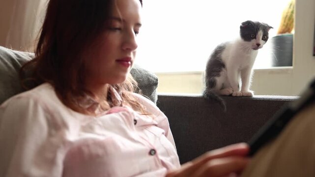 A girl sits on a couch in a sunny room, looking at her phone and tablet. A cat watches her from the back of the couch. The sun shines through the window.