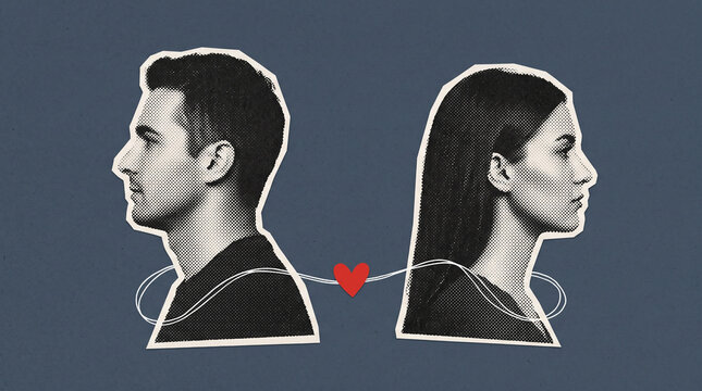 Man and woman profiles connected by string with red heart in vintage halftone paper cutout style