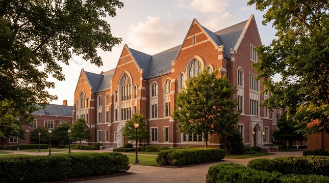 Historic red brick Gothic Revival building with distinctive arched windows, steep slate roofs, and landscaped courtyard in warm golden evening light