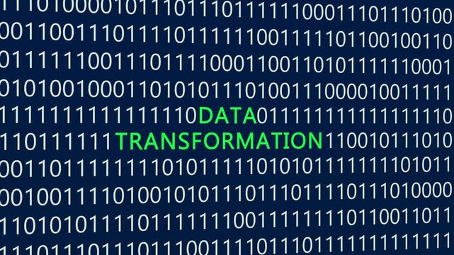 Data transformation text or word with digital binary animation background, designed for an illustrative digital world technology concept representing information processing, data migration