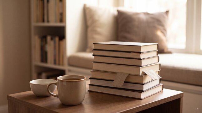 Cozy reading nook with stacked books and two cups of coffee on a wooden table, softly lit by a sunny window in a warm and inviting home interior