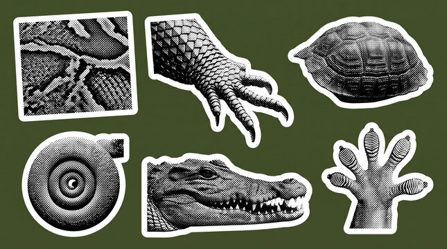 Reptilian sticker collection featuring vintage halftone textures of alligator heads claws and turtle shell body parts