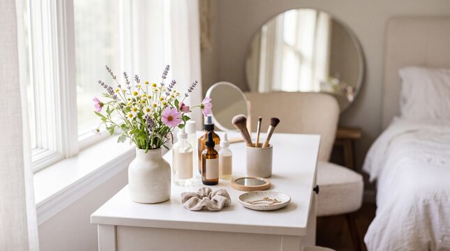 A serene and elegant bedroom vanity setup with flowers and makeup essentials