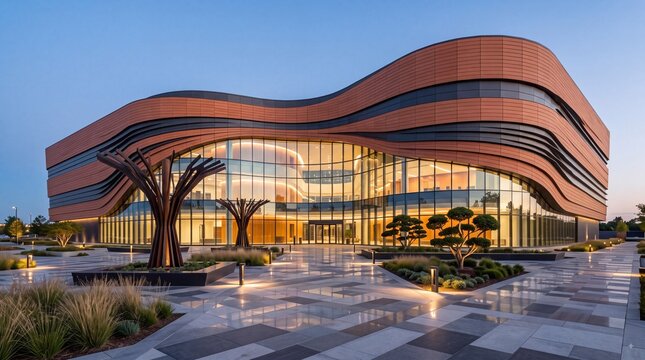 Contemporary public building with undulating terracotta facade, expansive glass atrium, sculptural trees, and illuminated geometric plaza at blue hour