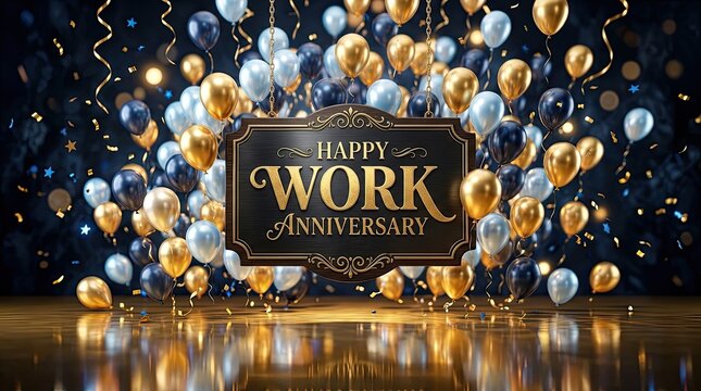 Celebratory background with balloons and a message about appreciating work and positive energy