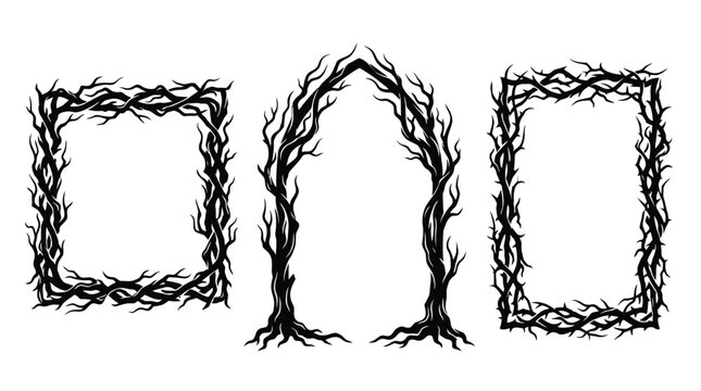 Gothic thorn frames and archway set, spooky black branch borders, 3 dark forest vine vector elements for Halloween decor