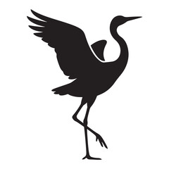 Fototapeta premium Silhouette of a crane bird standing on one leg with wings spread