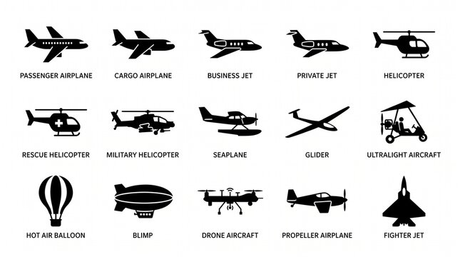 A diverse collection of aircraft silhouettes exploring various forms of flight and aviation technology