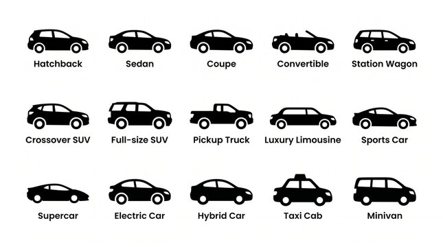 A collection of silhouetted vehicle icons representing various car types and automotive designs