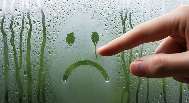 Sad face drawn with finger on a wet rainy window glass