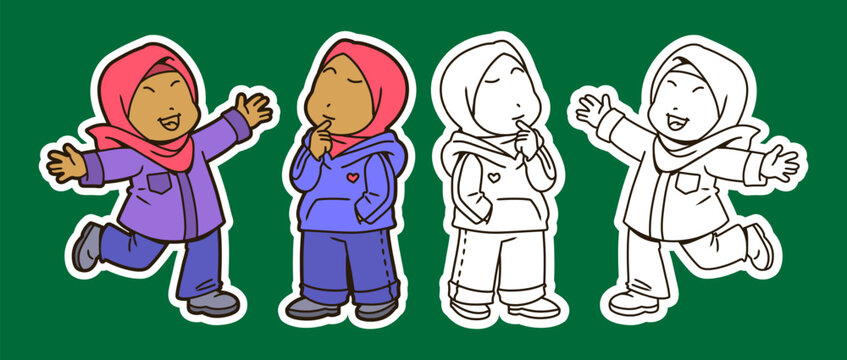 Girls Wearing Hijabs Color and Outline Illustration Set