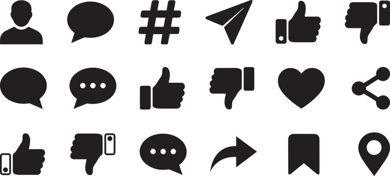 Collection of black social media interface solid vector icons featuring user profile, chat bubbles, hashtag, thumbs up, down, heart, share, bookmark and location pin symbols on a white background.