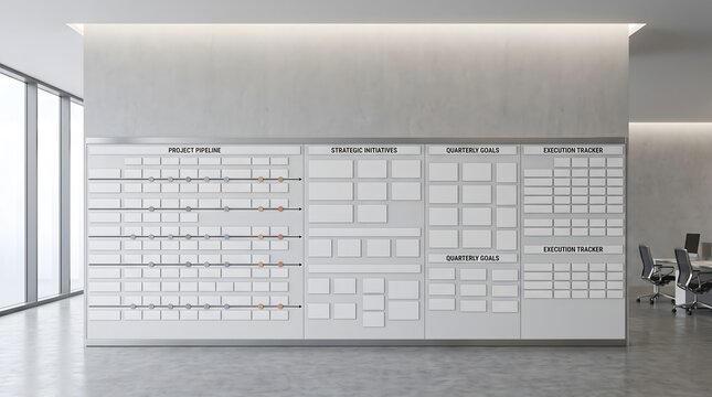 Dynamic Visual Management Board in a Modern Office for Collaborative Project Organization and Workflow Optimization