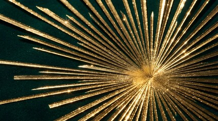 Fototapeta premium Abstract golden sunburst background with metallic spikes radiating from a central focal point against a dark green surface