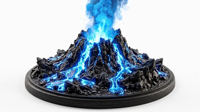 Miniature volcano erupting with glowing blue lava and smoke a dynamic 3D render representing power and fantasy isolated on white background