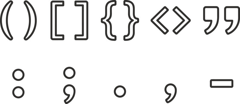 Typography punctuation marks and coding bracket symbols icon set for grammar text editor and typesetting