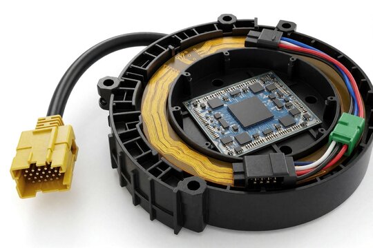 Automotive clock spring assembly with electronic control unit and connector. Rotary sensor component with flexible circuit board and wiring harness. Modern car part detailing internal mechanism.