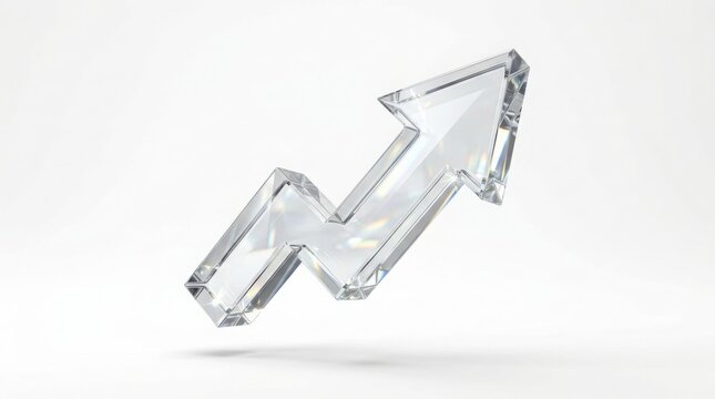 Glass upward arrow symbol representing financial growth and business success on white background